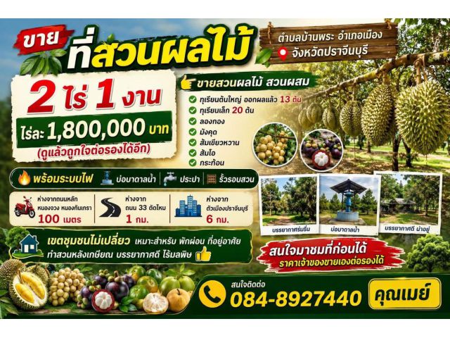ขายที่สวนผลไม้ 2 ไร่ 1 งาน ตำบลบ้านพระ อำเภอเมือง จังหวัดปราจีนบุรี