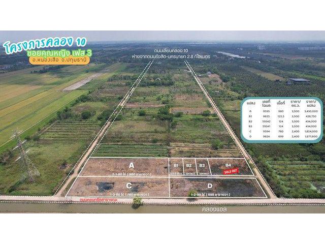 ขายที่ดินคลอง 10 ซอยคุณหญิง เฟส 3 แปลง D 699 ตร.ว. ติดแนวคลองแอลและถนนคอนกรีตสาธารณะ ราคา 1677600 บาท