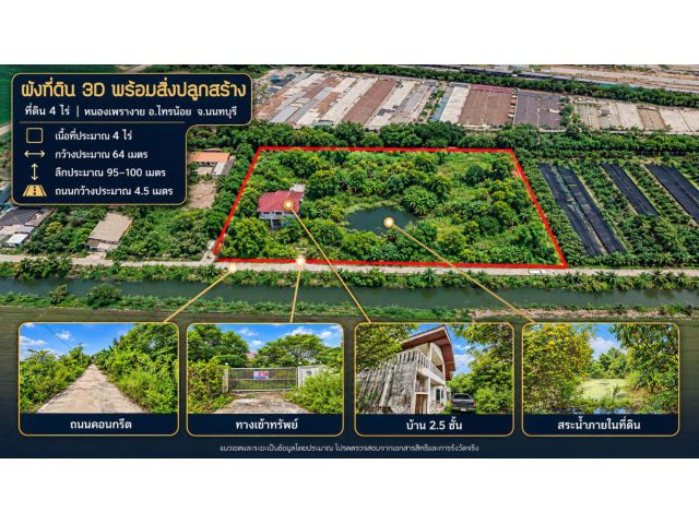 ขายที่ดิน 4 ไร่ ไทรน้อย นนทบุรี พร้อมบ้าน 2.5 ชั้นและสระน้ำ