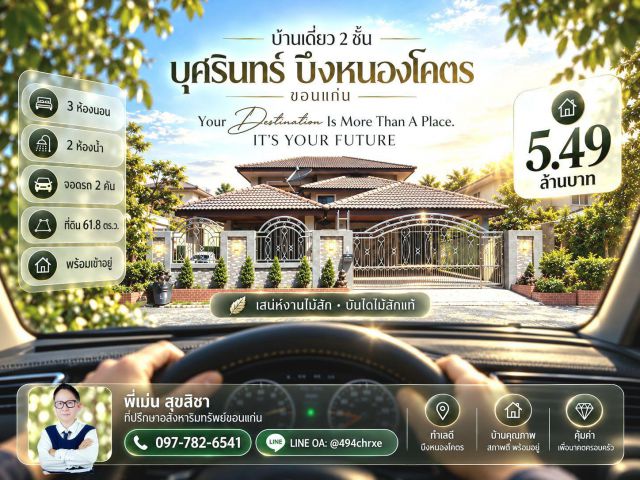 ขายบ้านเดี่ยว 2 ชั้น หมู่บ้านบุศรินทร์ บึงหนองโคตร ขอนแก่น ราคา 5.49 ล้านบาท