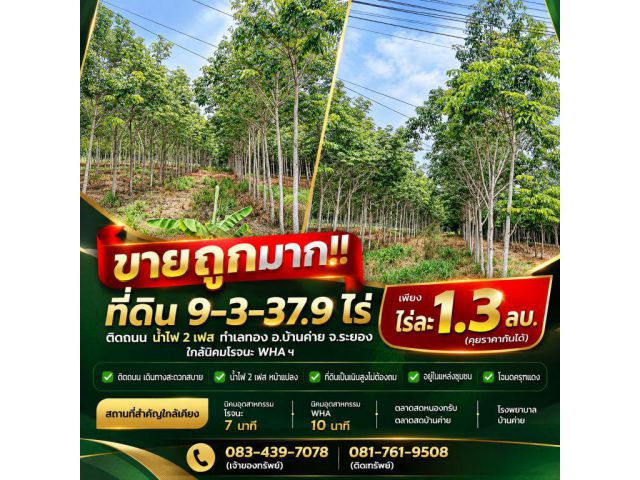 ขายถูกมาก!! ที่ดิน 9-3-37.9 ไร่ ติดถนน น้ำไฟ 2 เฟส ทำเลทอง อ.บ้านค่าย จ.ระยอง ใกล้นิคมโรจนะ WHA ฯ