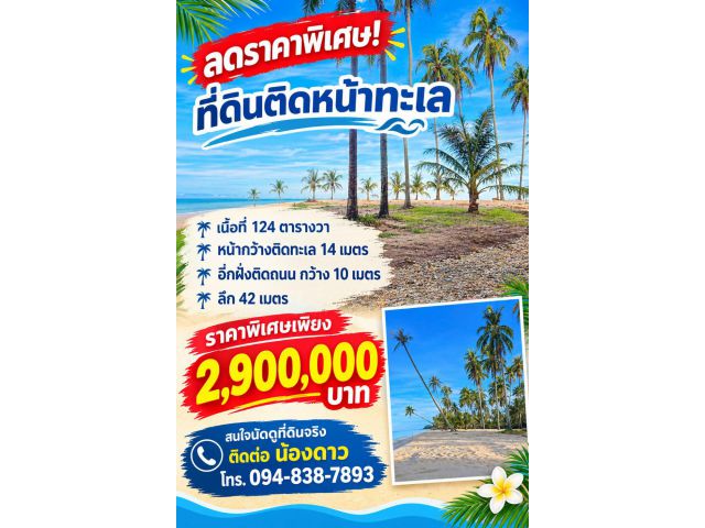 ขายที่ดิน124ตรว.ติดทะเลเพียง2900000