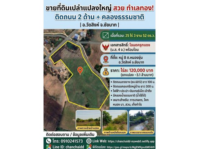ขายที่ดินชัยนาท 25 ไร่ 3 งาน 52 ตร.ว. อำเภอวัดสิงห์ ทำเลดี ติดถนน 2 ด้าน โฉนดครุฑแดง