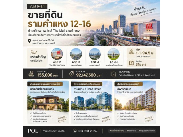VLM 948.1 | ขายที่ดินรามคำแหง 12–16 ทำเลใกล้ The Mall รามคำแหง เหมาะพัฒนาโครงการบ้านเดี่ยวและอสังหาริมทรัพย์เพื่อการลงทุ